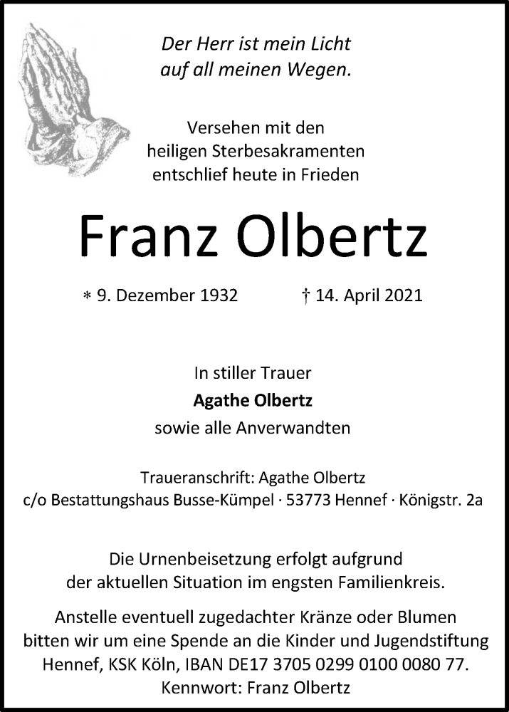  Traueranzeige für Franz Olbertz vom 17.04.2021 aus Kölner Stadt-Anzeiger / Kölnische Rundschau / Express