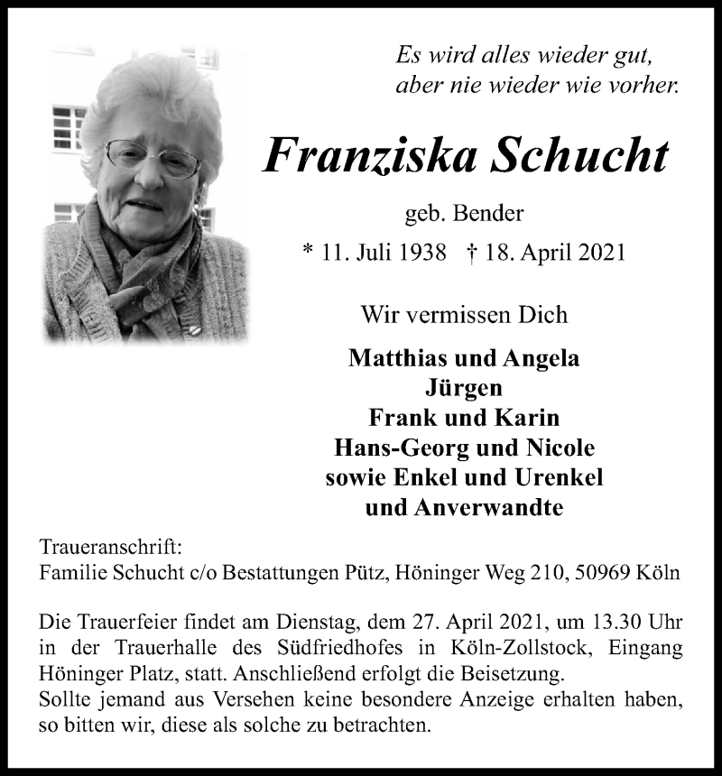  Traueranzeige für Franziska Schucht vom 24.04.2021 aus Kölner Stadt-Anzeiger / Kölnische Rundschau / Express