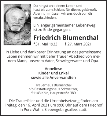 Anzeige von Friedrich Blumenthal von  Kölner Wochenspiegel 
