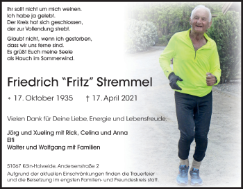 Anzeige von Friedrich Stremmel von Kölner Stadt-Anzeiger / Kölnische Rundschau / Express