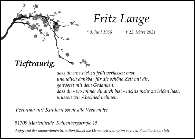  Traueranzeige für Fritz Lange vom 01.04.2021 aus  Anzeigen Echo 