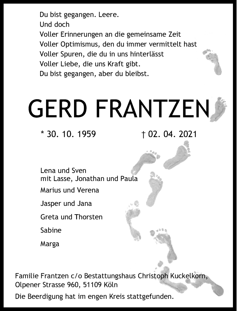  Traueranzeige für Gerd Frantzen vom 10.04.2021 aus Kölner Stadt-Anzeiger / Kölnische Rundschau / Express