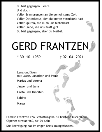 Anzeige von Gerd Frantzen von Kölner Stadt-Anzeiger / Kölnische Rundschau / Express