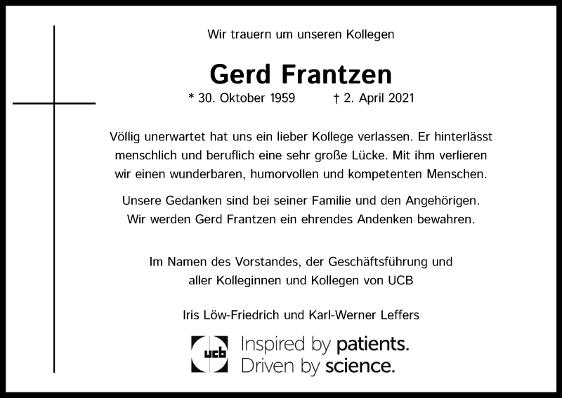  Traueranzeige für Gerd Frantzen vom 10.04.2021 aus Kölner Stadt-Anzeiger / Kölnische Rundschau / Express