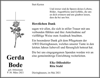 Anzeige von Gerda Bode von Kölner Stadt-Anzeiger / Kölnische Rundschau / Express