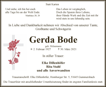 Anzeige von Gerda Bode von  Anzeigen Echo 