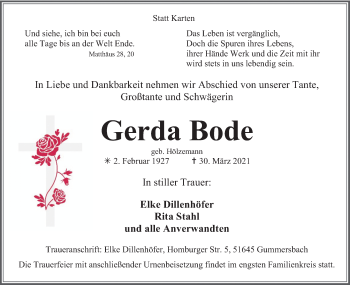 Anzeige von Gerda Bode von Kölner Stadt-Anzeiger / Kölnische Rundschau / Express
