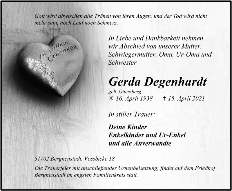  Traueranzeige für Gerda Degenhardt vom 23.04.2021 aus  Anzeigen Echo 