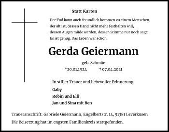 Anzeige von Gerda Geiermann von Kölner Stadt-Anzeiger / Kölnische Rundschau / Express