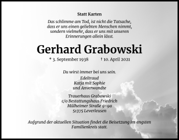 Anzeige von Gerhard Grabowski von Kölner Stadt-Anzeiger / Kölnische Rundschau / Express