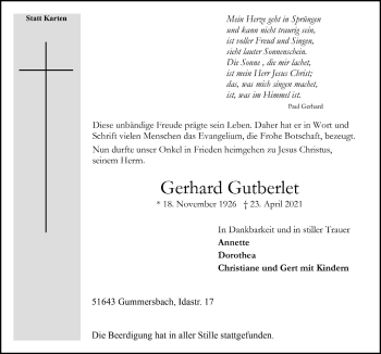 Anzeige von Gerhard Gutberlet von  Anzeigen Echo 