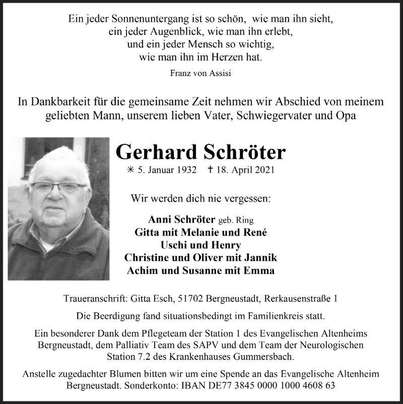  Traueranzeige für Gerhard Schröter vom 23.04.2021 aus  Anzeigen Echo 