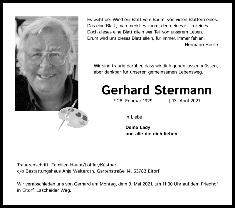  Traueranzeige für Gerhard Stermann vom 24.04.2021 aus Kölner Stadt-Anzeiger / Kölnische Rundschau / Express