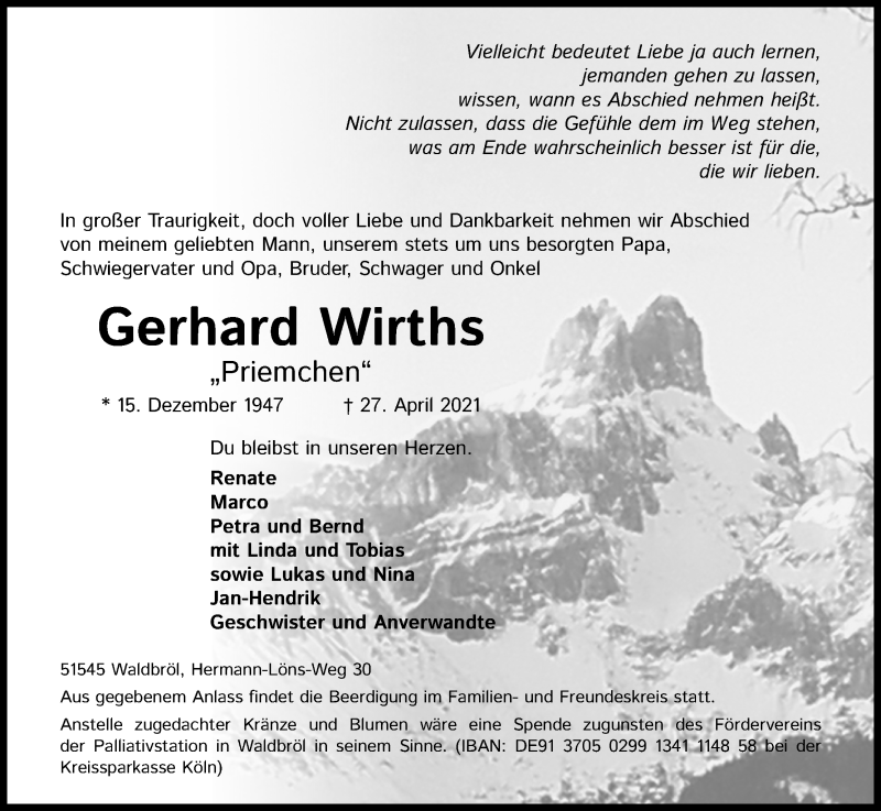  Traueranzeige für Gerhard Wirths vom 01.05.2021 aus Kölner Stadt-Anzeiger / Kölnische Rundschau / Express