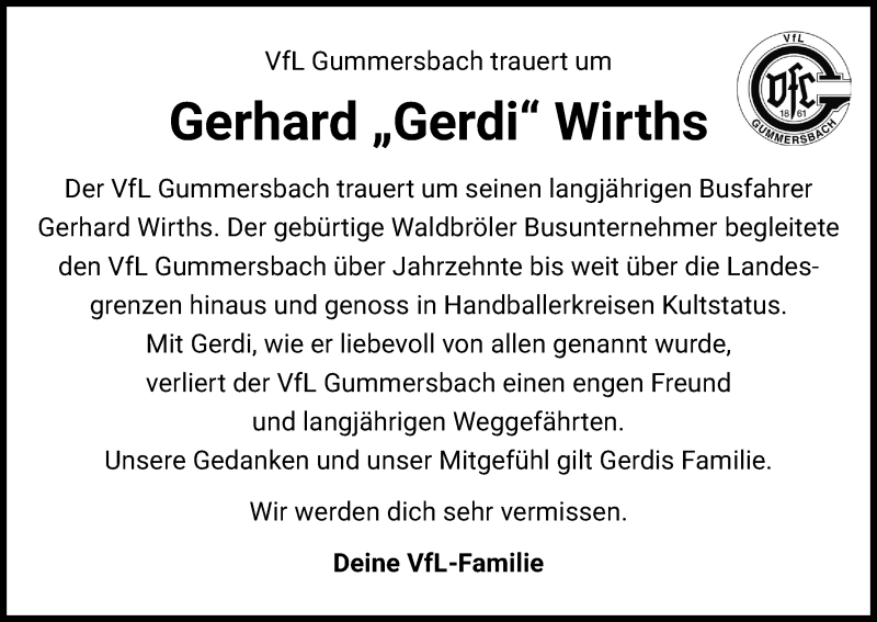  Traueranzeige für Gerhard Wirths vom 01.05.2021 aus Kölner Stadt-Anzeiger / Kölnische Rundschau / Express