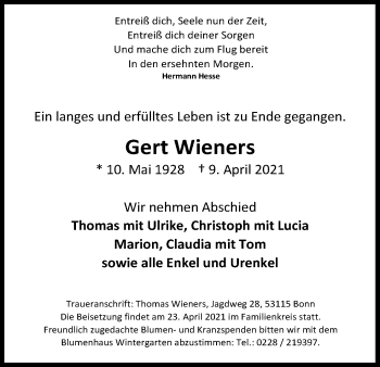 Anzeige von Gert Wieners von Kölner Stadt-Anzeiger / Kölnische Rundschau / Express