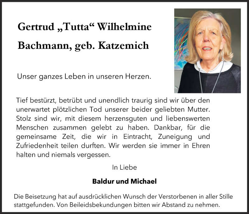  Traueranzeige für Gertrud Bachmann vom 09.04.2021 aus  Bergisches Handelsblatt 