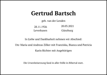 Anzeige von Gertrud Bartsch von Kölner Stadt-Anzeiger / Kölnische Rundschau / Express