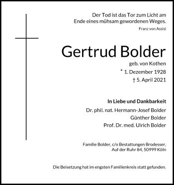 Anzeige von Gertrud Bolder von Kölner Stadt-Anzeiger / Kölnische Rundschau / Express