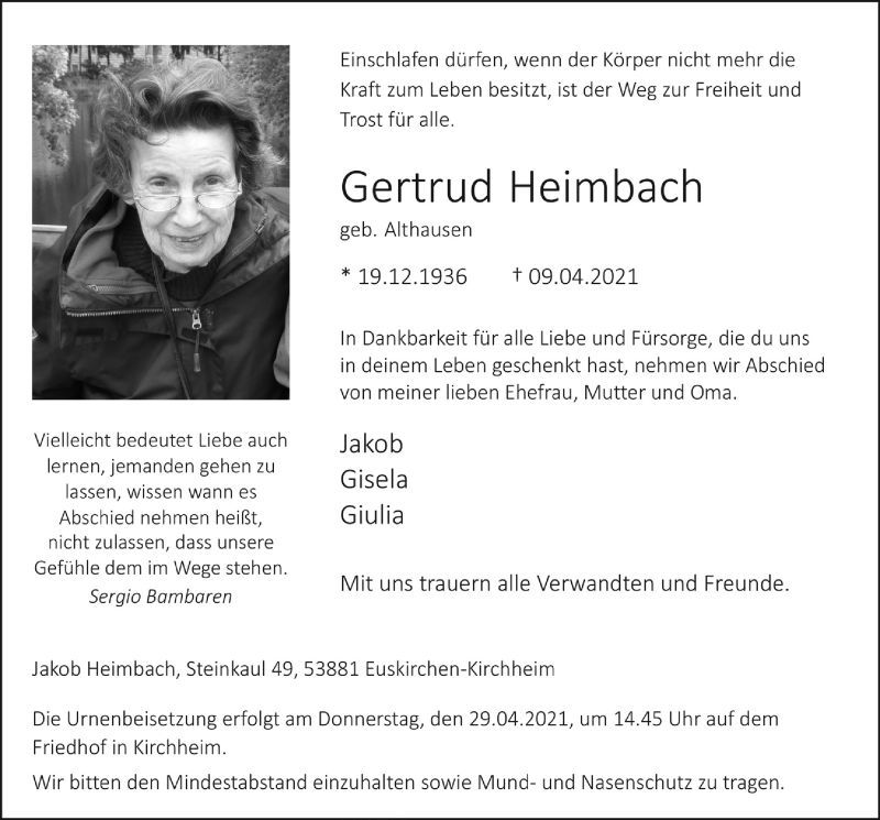  Traueranzeige für Gertrud Heimbach vom 24.04.2021 aus  Blickpunkt Euskirchen 