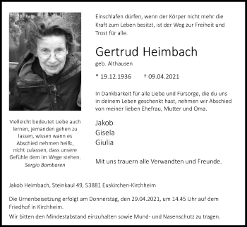Anzeige von Gertrud Heimbach von Kölner Stadt-Anzeiger / Kölnische Rundschau / Express