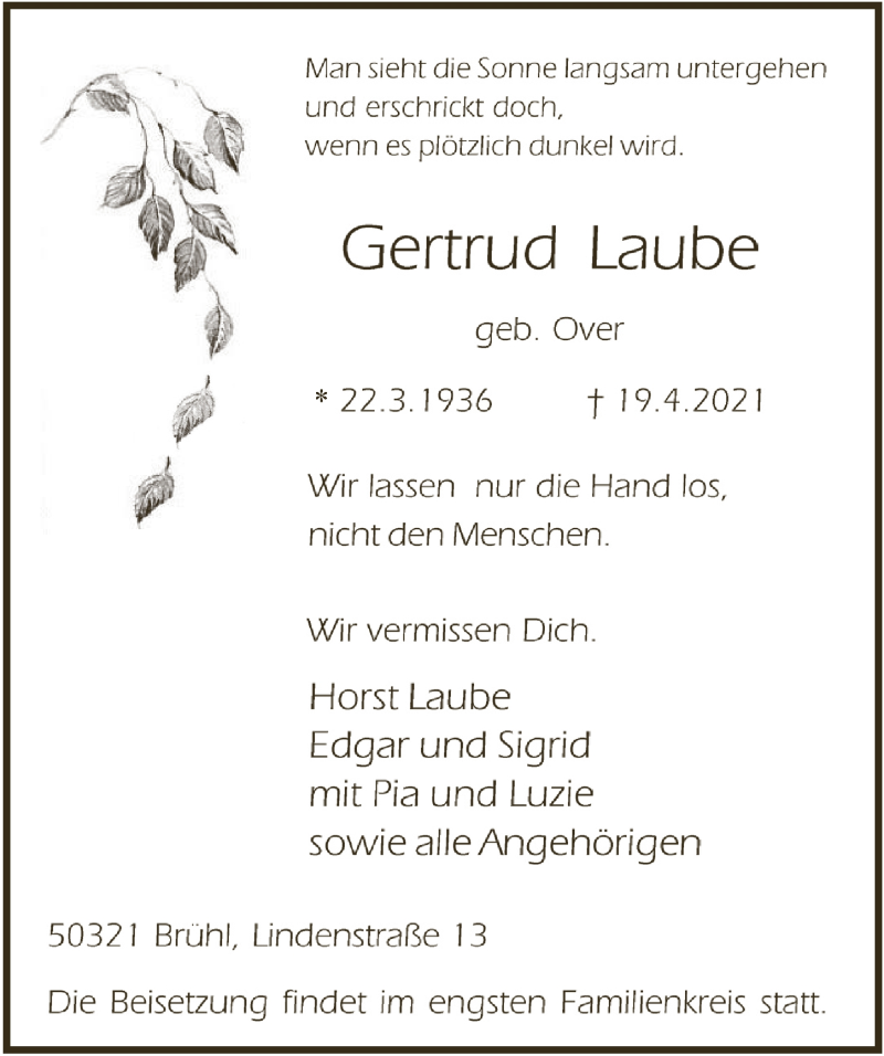  Traueranzeige für Gertrud Laube vom 29.04.2021 aus  Schlossbote/Werbekurier 