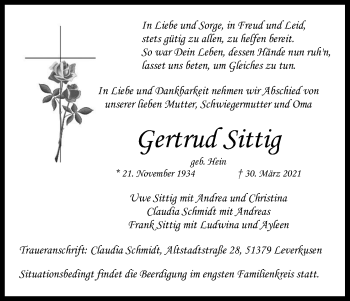 Anzeige von Gertrud Sittig von Kölner Stadt-Anzeiger / Kölnische Rundschau / Express