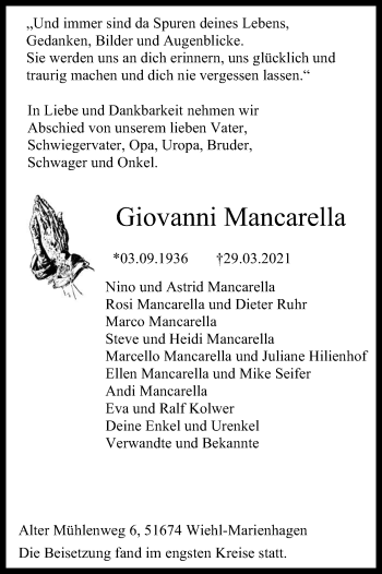 Anzeige von Giovanni Mancarella von Kölner Stadt-Anzeiger / Kölnische Rundschau / Express