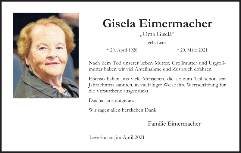  Traueranzeige für Gisela Eimermacher vom 01.05.2021 aus Kölner Stadt-Anzeiger / Kölnische Rundschau / Express