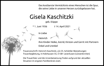 Anzeige von Gisela Kaschitzki von Kölner Stadt-Anzeiger / Kölnische Rundschau / Express