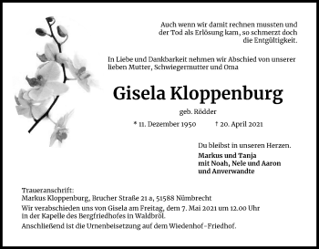 Anzeige von Gisela Kloppenburg von Kölner Stadt-Anzeiger / Kölnische Rundschau / Express