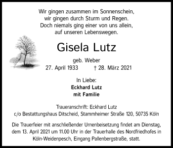 Anzeige von Gisela Lutz von Kölner Stadt-Anzeiger / Kölnische Rundschau / Express