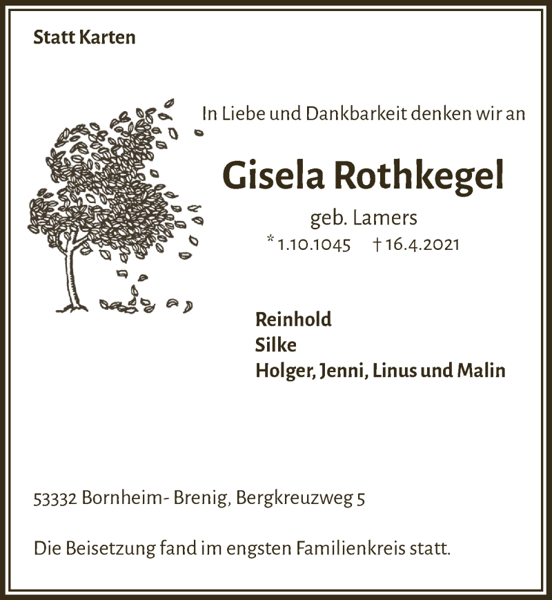  Traueranzeige für Gisela Rothkegel vom 23.04.2021 aus  Schaufenster/Blickpunkt 