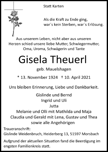 Anzeige von Gisela Theuerl von  Lokalanzeiger 