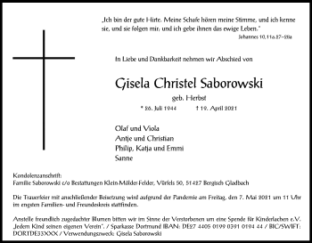 Anzeige von Gisela Christel Saborowski von Kölner Stadt-Anzeiger / Kölnische Rundschau / Express