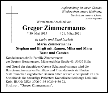 Anzeige von Gregor Zimmermanns von Kölner Stadt-Anzeiger / Kölnische Rundschau / Express