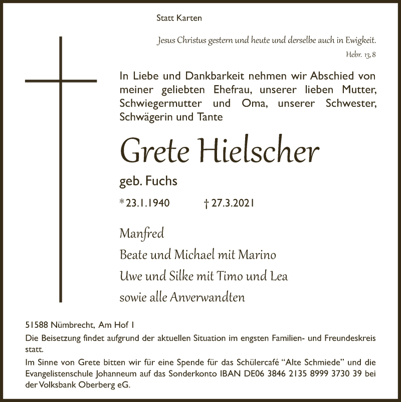  Traueranzeige für Grete Hielscher vom 01.04.2021 aus  Lokalanzeiger 