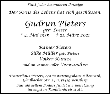 Anzeige von Gudrun Pieters von Kölner Stadt-Anzeiger / Kölnische Rundschau / Express