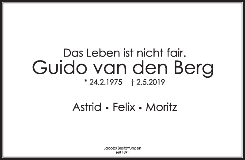  Traueranzeige für Guido van den Berg  vom 29.04.2021 aus  Wochenende  Werbepost 