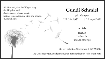 Anzeige von Gundi Schmiel von Kölner Stadt-Anzeiger / Kölnische Rundschau / Express