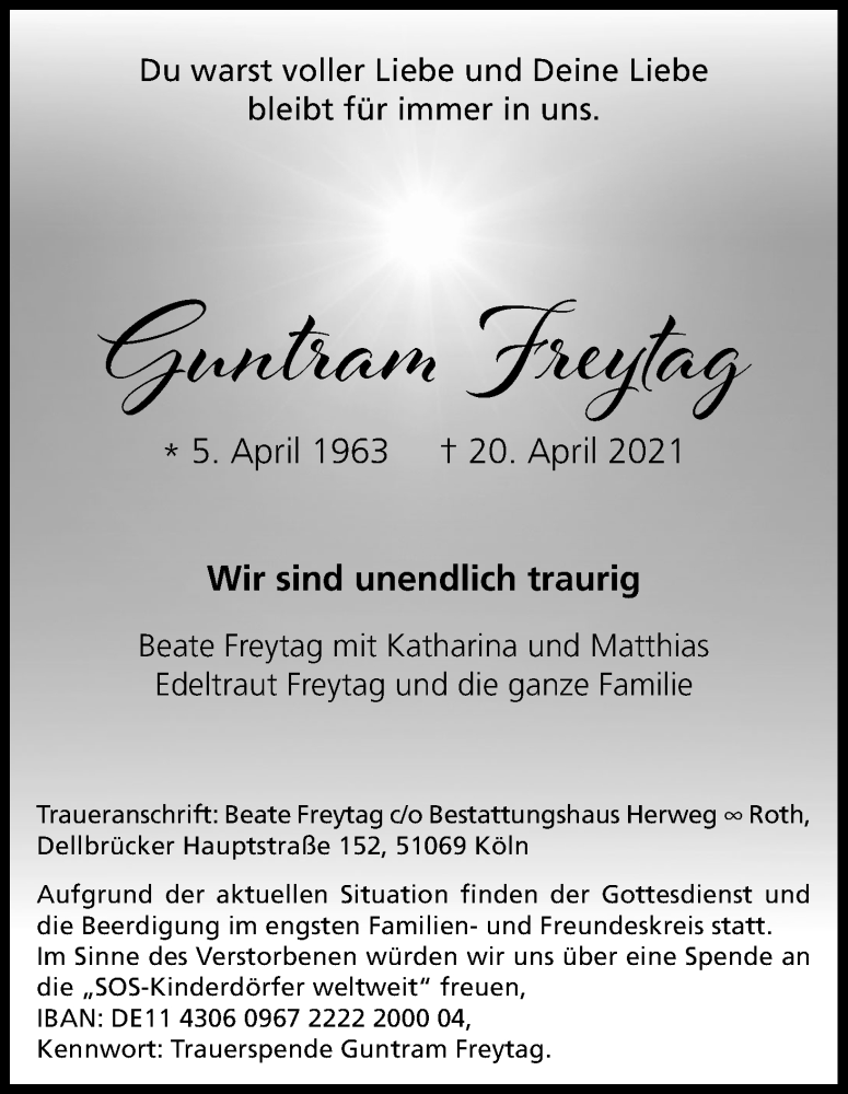  Traueranzeige für Guntram Freytag vom 01.05.2021 aus Kölner Stadt-Anzeiger / Kölnische Rundschau / Express