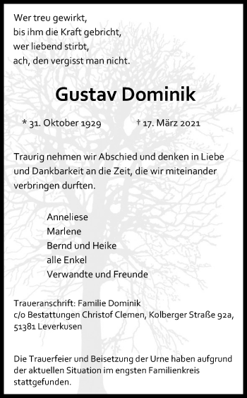 Anzeige von Gustav Dominik von Kölner Stadt-Anzeiger / Kölnische Rundschau / Express
