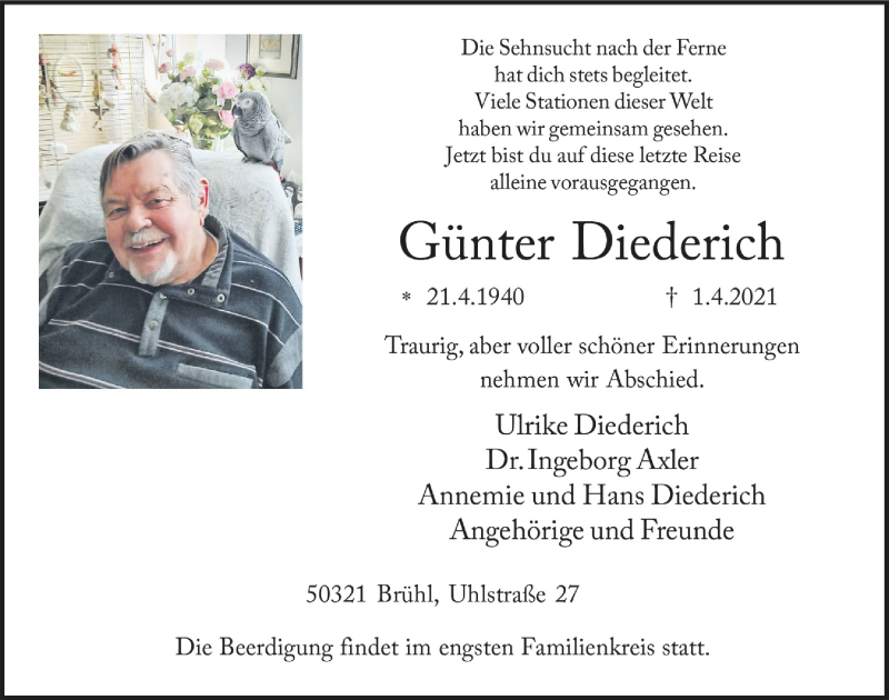 Traueranzeige für Günter Diederich vom 23.04.2021 aus  Schlossbote/Werbekurier 