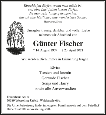 Anzeige von Günter Fischer von  Schlossbote/Werbekurier 