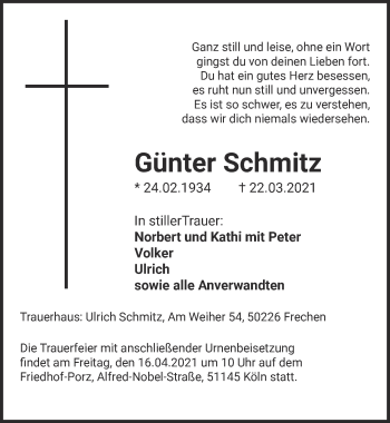Anzeige von Günter Schmitz von  Wochenende 