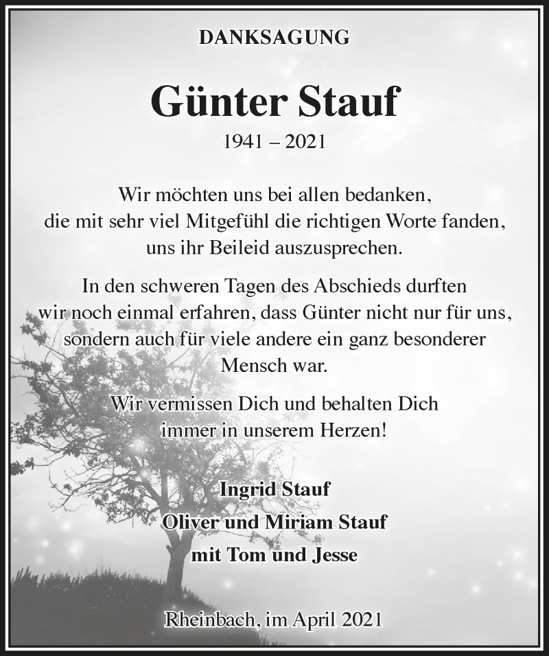  Traueranzeige für Günter Stauf vom 16.04.2021 aus  Schaufenster/Blickpunkt 
