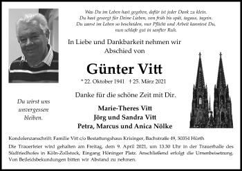 Anzeige von Günter Vitt von Kölner Stadt-Anzeiger / Kölnische Rundschau / Express