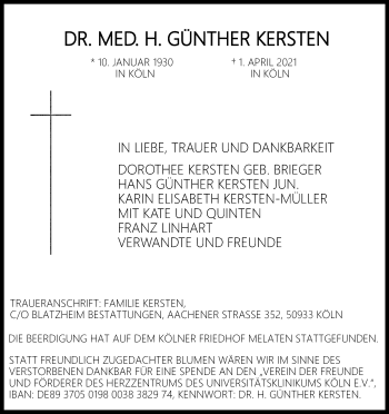 Anzeige von Günther Kersten von Kölner Stadt-Anzeiger / Kölnische Rundschau / Express