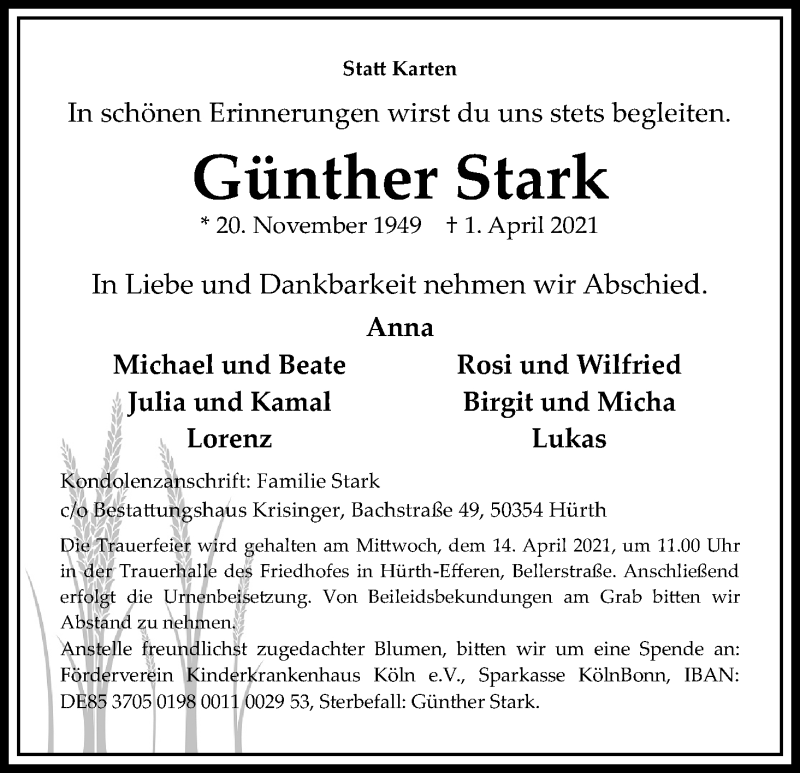  Traueranzeige für Günther Stark vom 10.04.2021 aus Kölner Stadt-Anzeiger / Kölnische Rundschau / Express