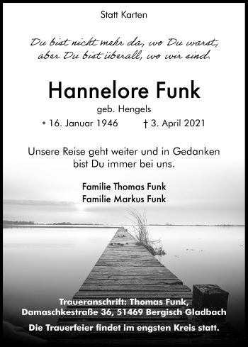 Anzeige von HAnnelore Funk von Kölner Stadt-Anzeiger / Kölnische Rundschau / Express